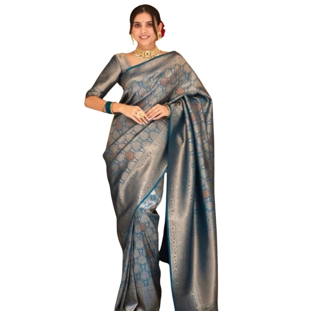Rama-colored silk printed saree with unstitched blouse (5.5Mtr), elegant Indian traditional wear on mannequin