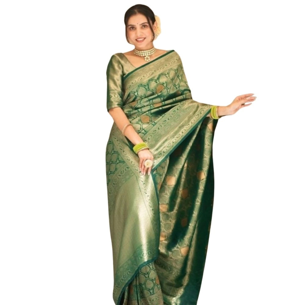 Green silk printed saree with unstitched blouse (5.5Mtr) on clothing rack