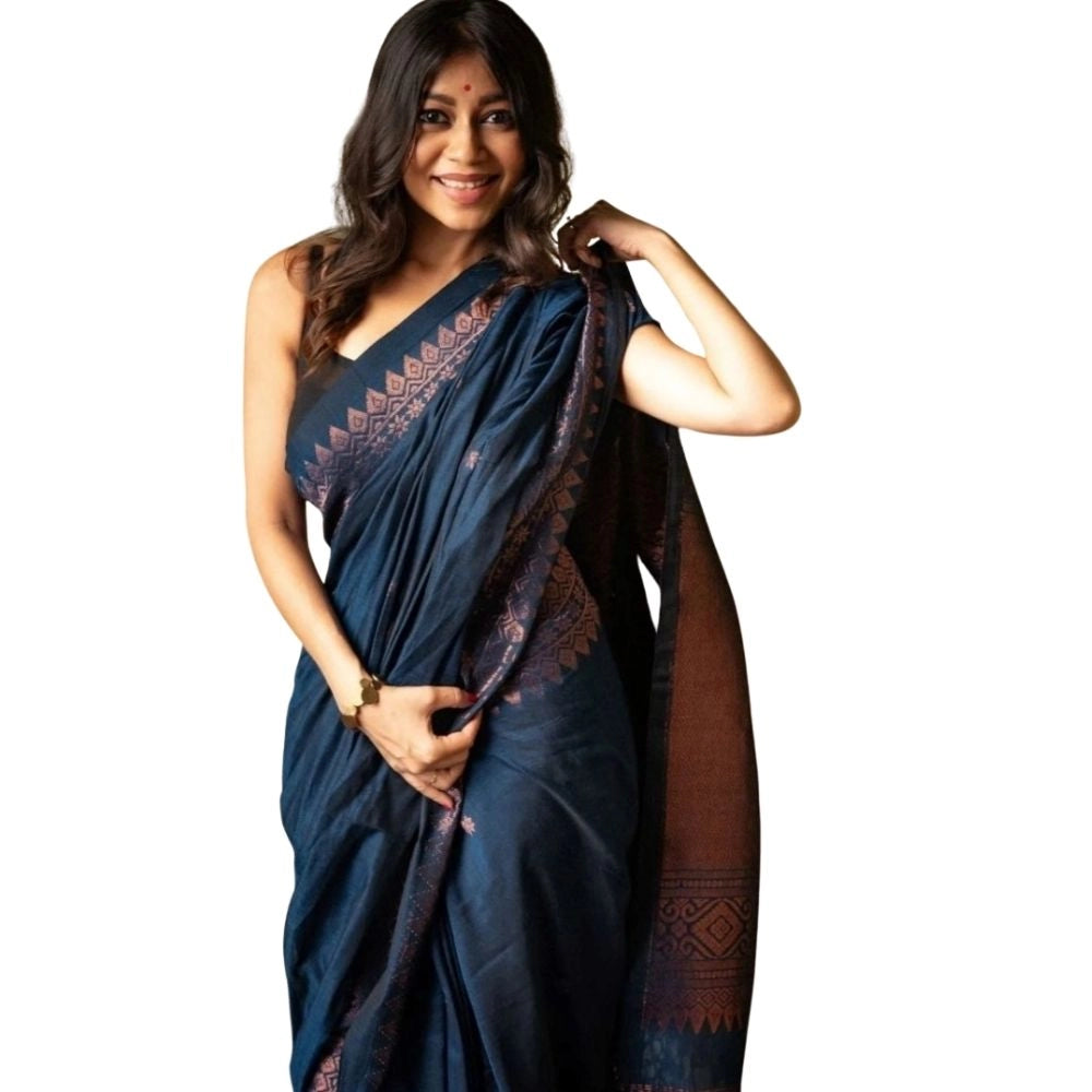 Navy Blue silk printed saree with unstitched blouse, 5.5Mtr on hanger