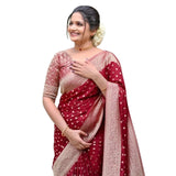 Maroon silk printed saree with unstitched blouse (5.5mtr), luxury Indian women's fashion wear