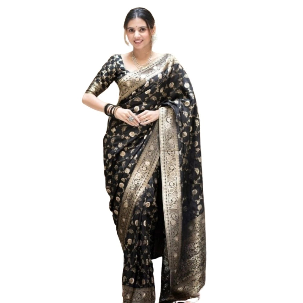 Black silk printed saree with unstitched blouse (5.5mtr)