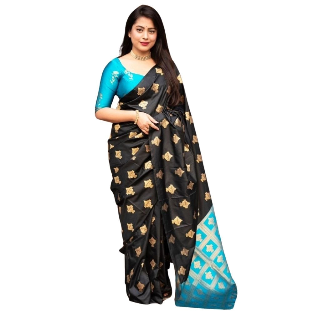 Sky blue silk printed saree with unstitched blouse (5.5mtr), handcrafted elegance for traditional Indian wear