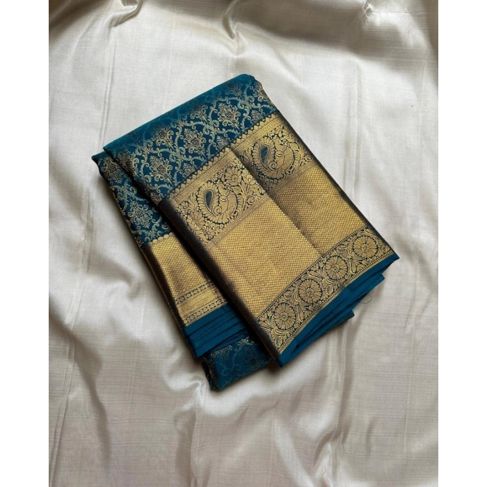 Women's silk printed Rama saree with unstitched blouse (5.5Mtr), intricate pattern design