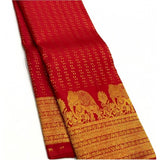 Red silk printed saree with unstitched blouse, 5.5mtr length on mannequin for Indian women's fashion