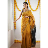 Yellow cotton printed saree with unstitched blouse (5.5mtr)