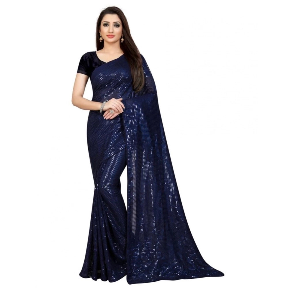 Women's Georgette Embellished Sequnece Bollywood Saree With Unstitched Blouse 5.5Mtr (Blue)