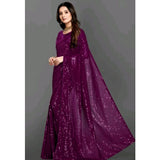 Women's Georgette Embellished Sequnece Bollywood Saree With Unstitched Blouse 5.5Mtr (Purple)