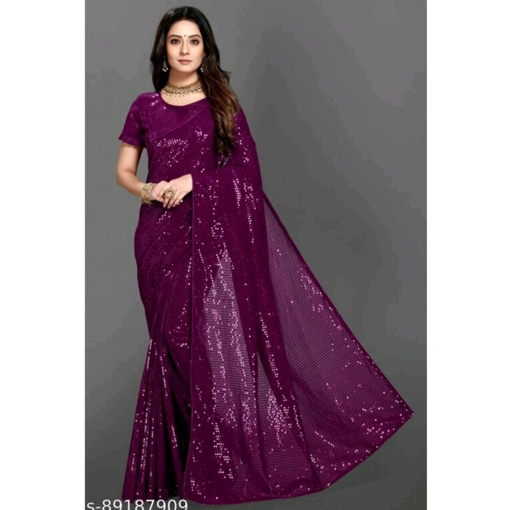 Women's Georgette Embellished Sequnece Bollywood Saree With Unstitched Blouse 5.5Mtr (Purple)