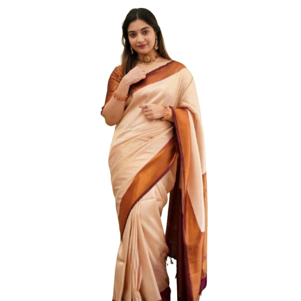 Cream silk printed saree with unstitched blouse (5.5Mtr) - women's traditional Indian fashion wear on mannequin