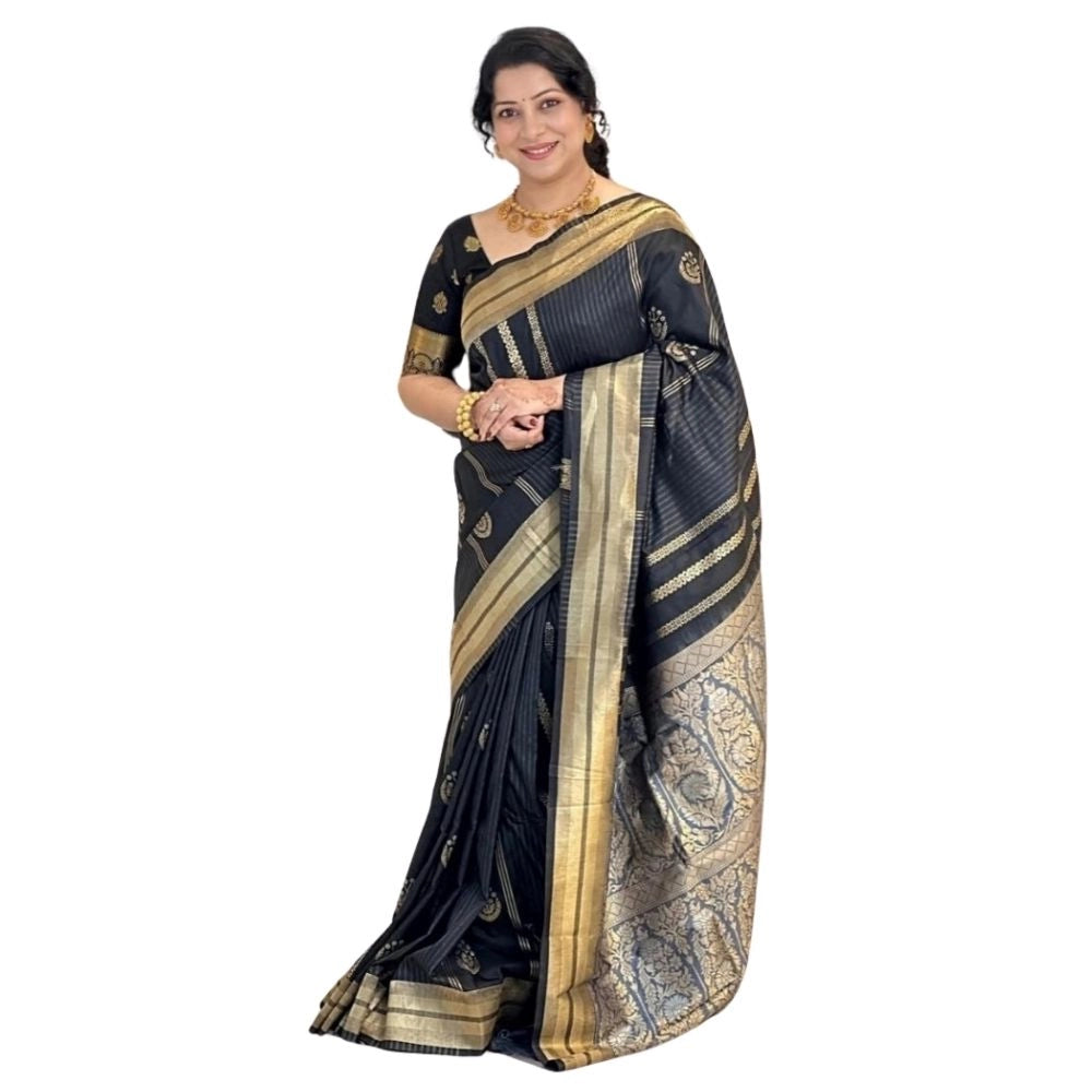 Black silk printed saree with unstitched blouse, 5.5mtr length on model