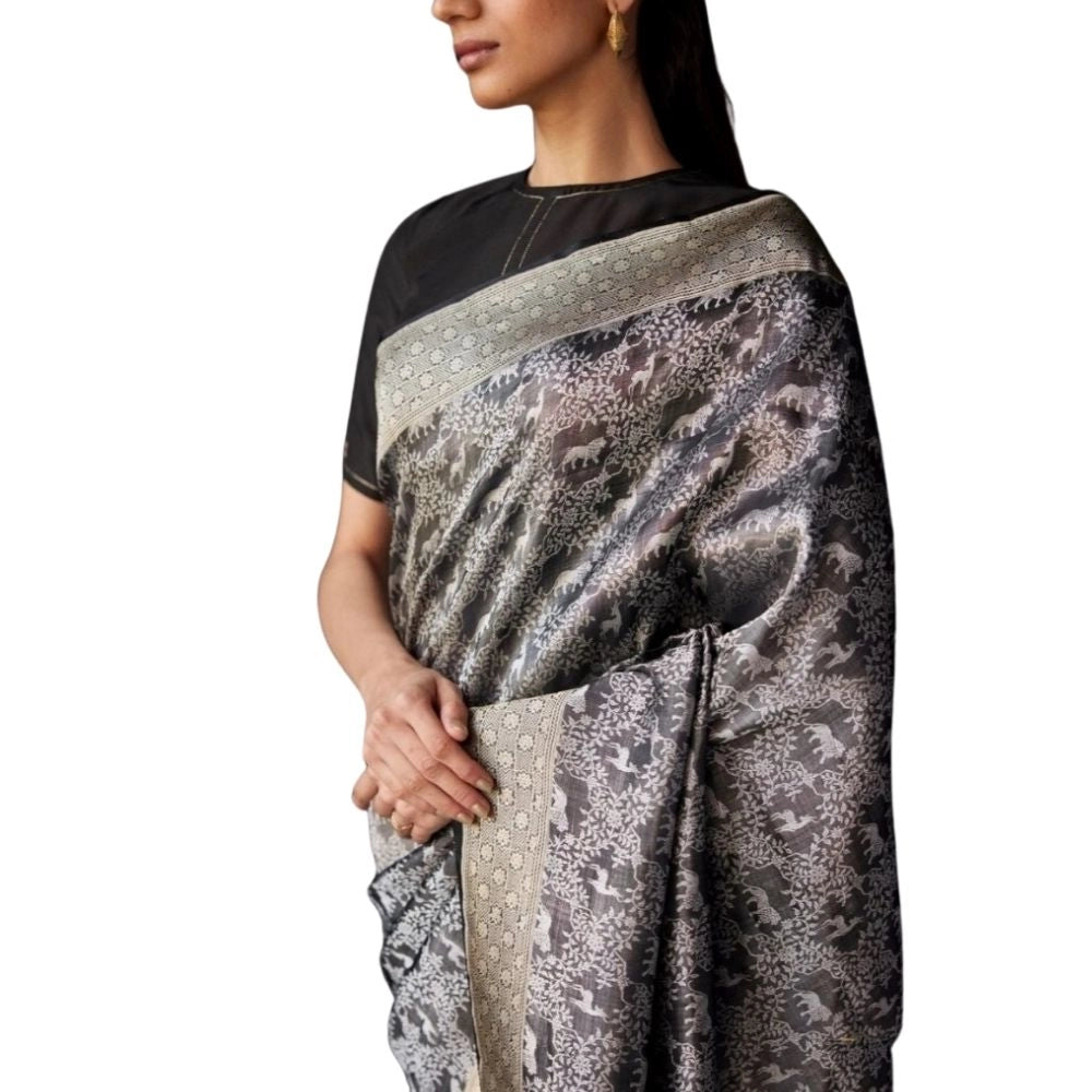 Grey silk printed saree with unstitched blouse (5.5Mtr) on mannequin