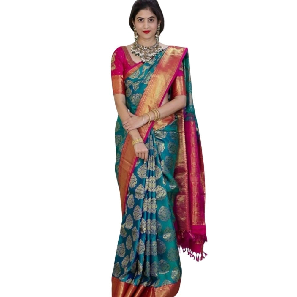 Teal blue silk printed saree with unstitched blouse (5.5Mtr), elegant Indian wear for women
