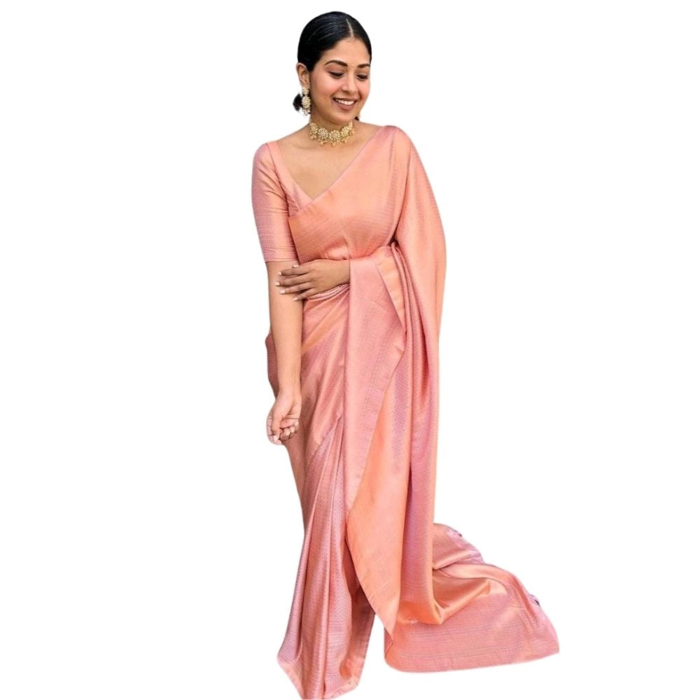 Peach silk printed saree with unstitched blouse (5.5Mtr), elegant Indian women's wear accessory