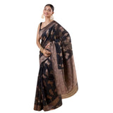 Black silk printed saree with unstitched blouse (5.5mtr) on mannequin, intricate design detailing