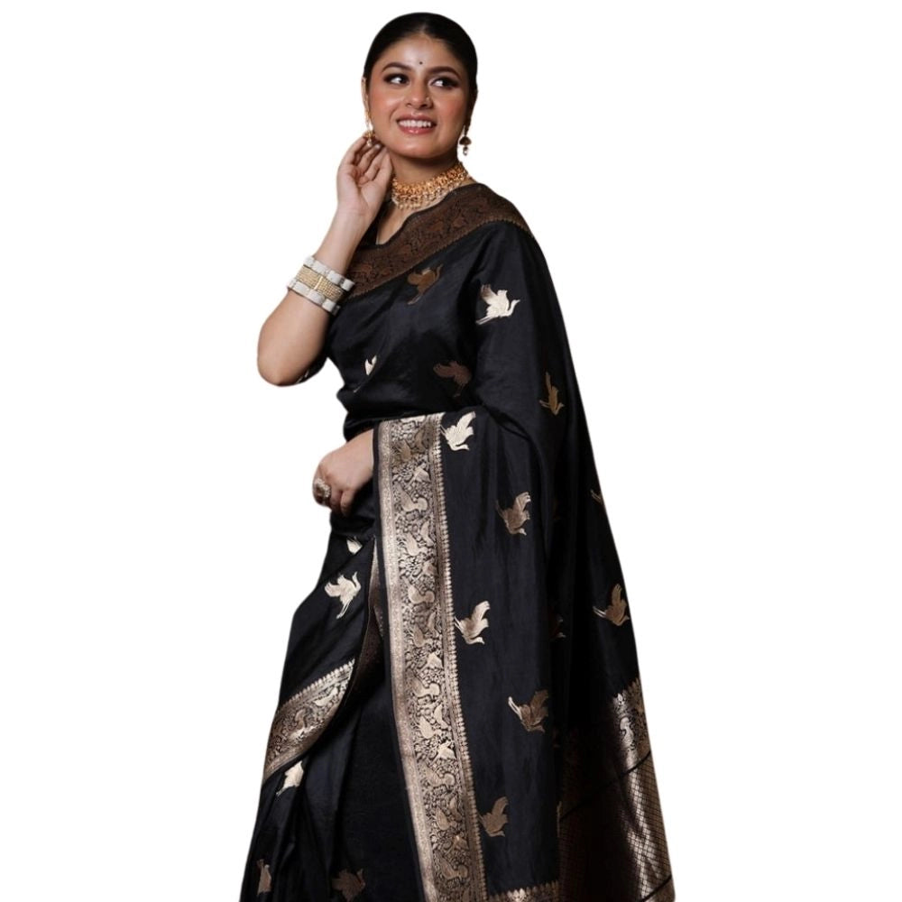 Black silk printed saree with unstitched blouse (5.5mtr) on display rack
