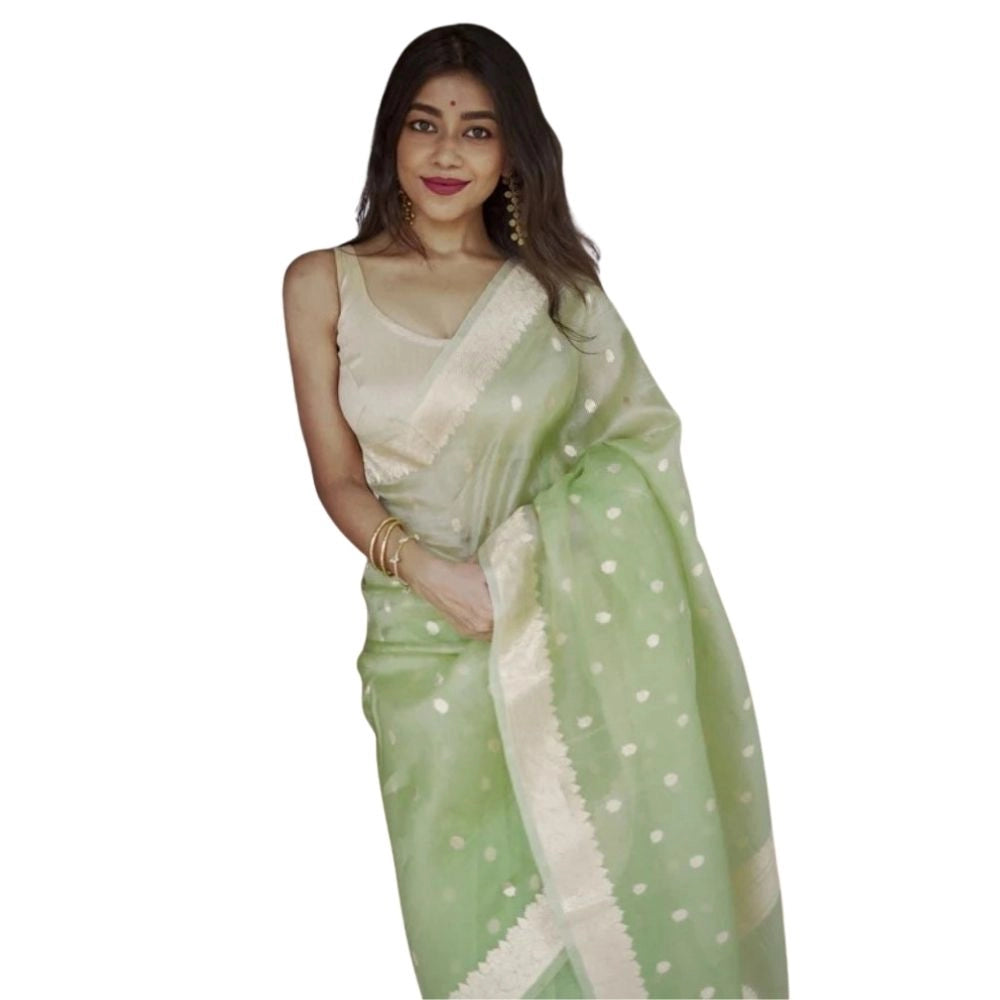 Women's cotton printed saree with unstitched blouse (Pista), vibrant colors, intricate patterns on display