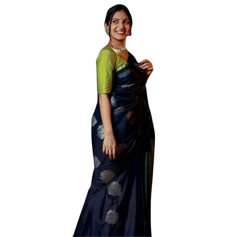 Navy blue silk printed saree with unstitched blouse (5.5mtr), elegant Indian women's attire