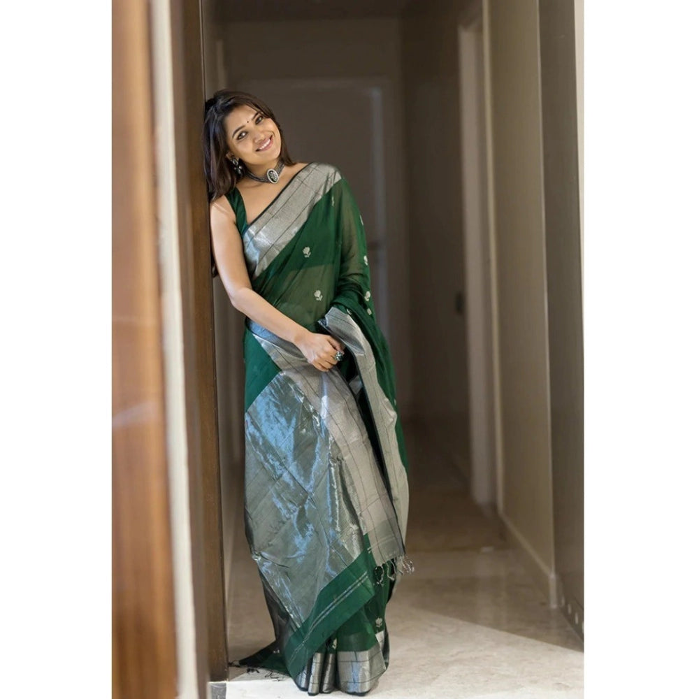 Green cotton printed saree with unstitched blouse (5.5mtr), traditional Indian wear for women