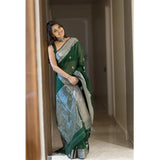 Green cotton printed saree with unstitched blouse (5.5mtr), traditional Indian wear for women