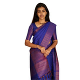Blue silk printed saree with unstitched blouse, vibrant design on 5.5mtr fabric