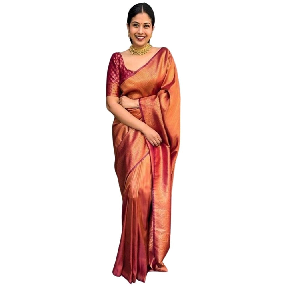 Maroon silk printed saree with unstitched blouse, intricate design on display