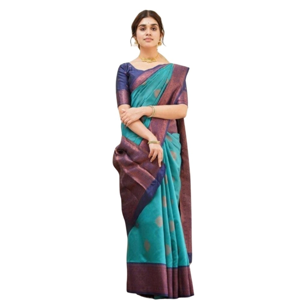 Silk printed Rama saree with unstitched blouse (5.5Mtr), vibrant Indian traditional wear