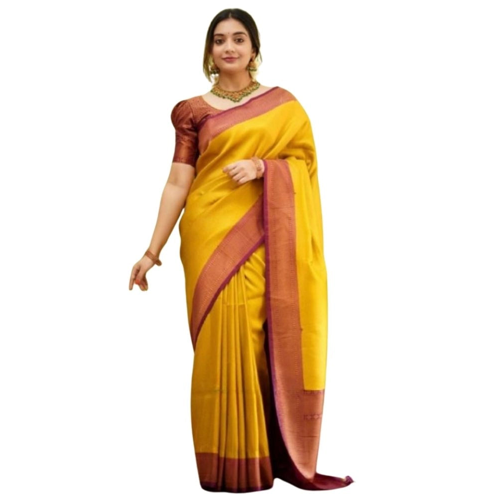 Yellow silk printed saree with unstitched blouse (5.5mtr) - vibrant and elegant traditional Indian attire for women
