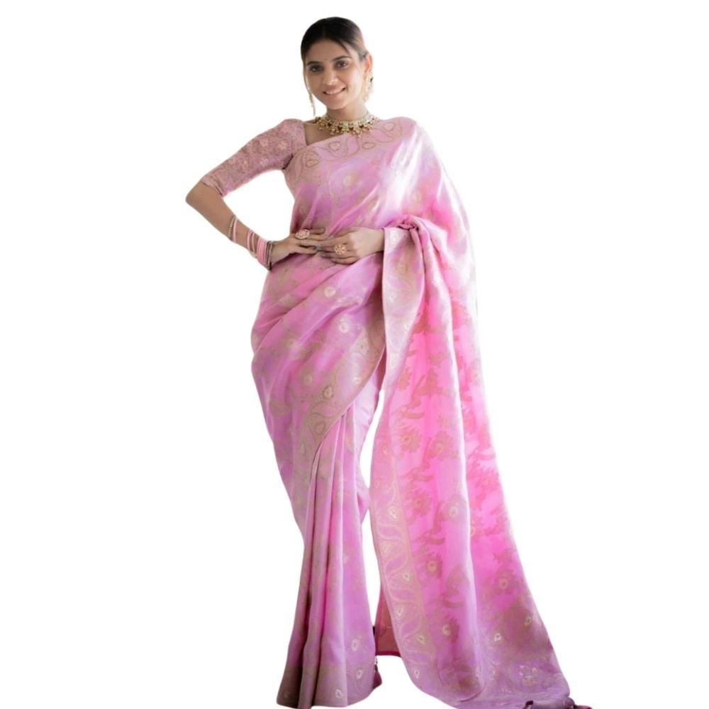 Pink silk printed saree with unstitched blouse (5.5mtr), vibrant floral pattern on display