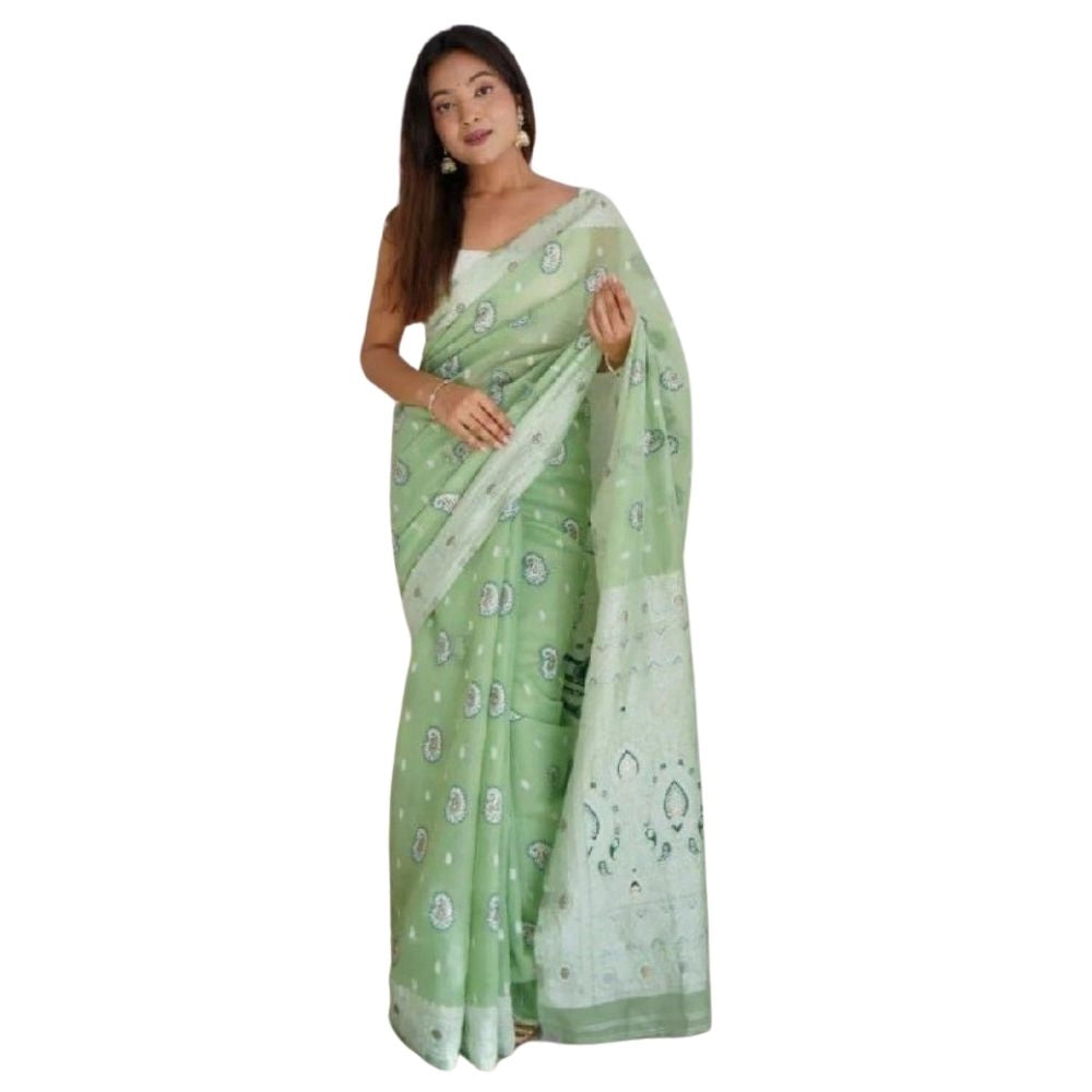 Women's cotton printed pista saree with unstitched blouse, vibrant pattern on display