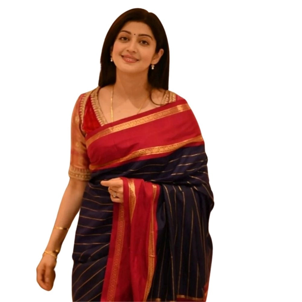 Navy blue silk printed saree with unstitched blouse (5.5mtr), luxurious traditional Indian wear