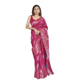 Rani pink silk printed saree with unstitched blouse (5.5mtr) on mannequin, showcasing intricate design details