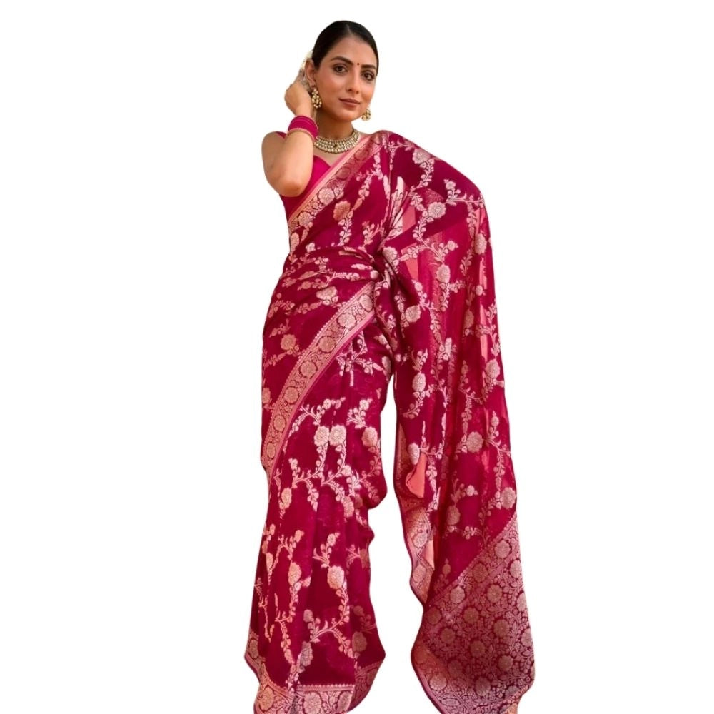 Pink silk printed saree with unstitched blouse (5.5mtr), luxurious Eastern wear for women