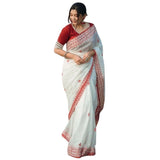 White-Red cotton printed saree with unstitched blouse (5.5mtr), vibrant design for traditional wear