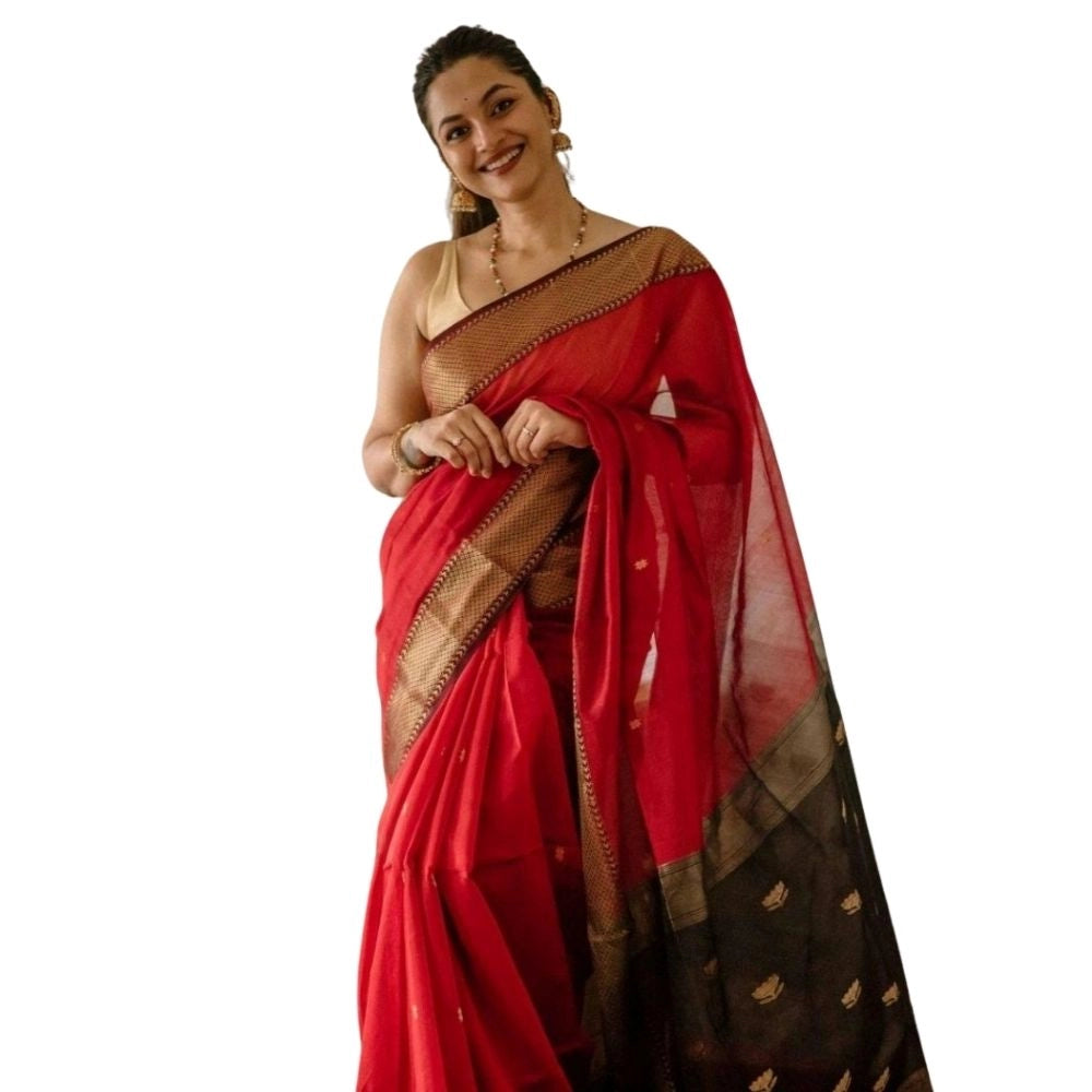 Red cotton printed saree with unstitched blouse (5.5mtr) on mannequin