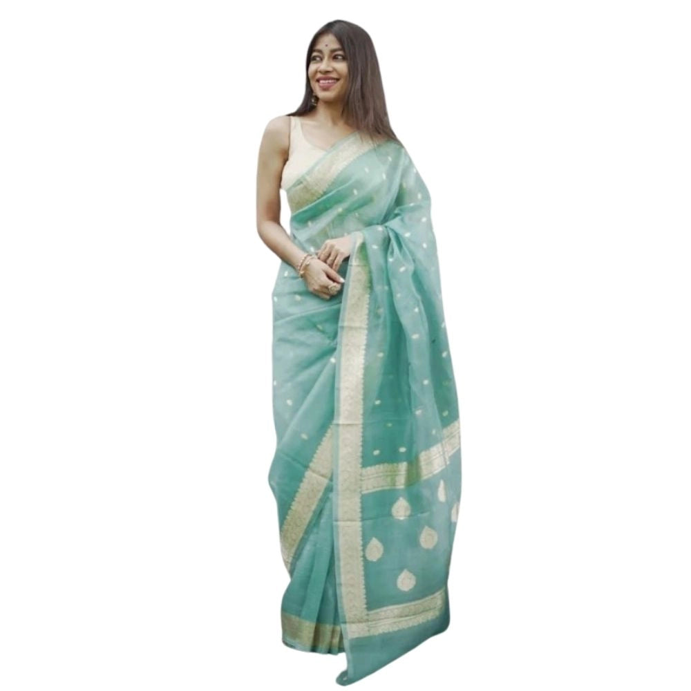 Sky blue printed cotton saree with unstitched blouse (5.5mtr), traditional Indian women's wear