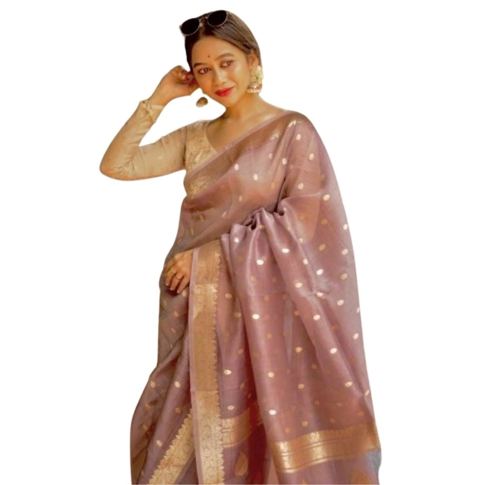 Women's cotton printed rose gold saree with unstitched blouse, 5.5mtr, intricate floral design