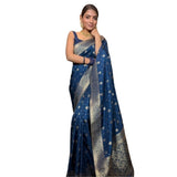 Silk printed Rama blue saree with unstitched blouse, intricate pattern on traditional Indian wear