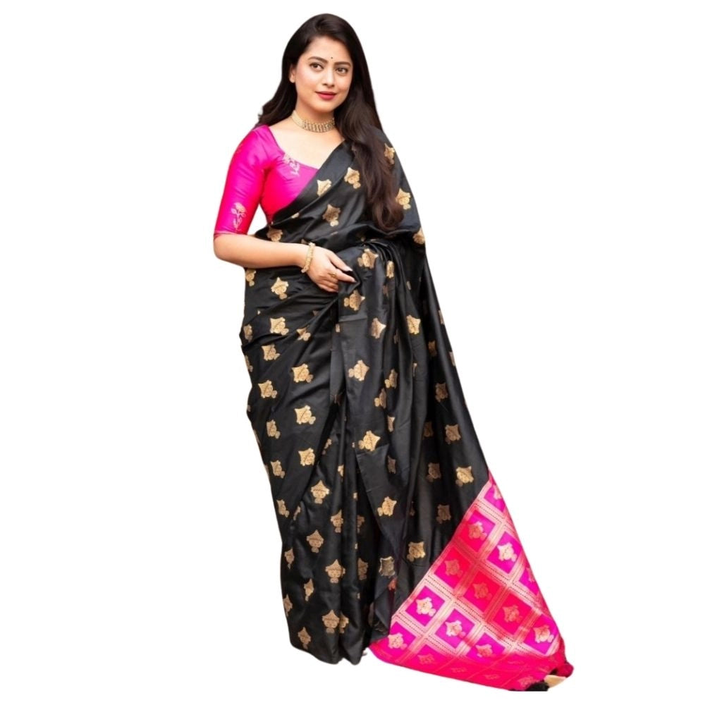 Pink silk printed saree with unstitched blouse, 5.5Mtr length on mannequin for Indian women's traditional wear