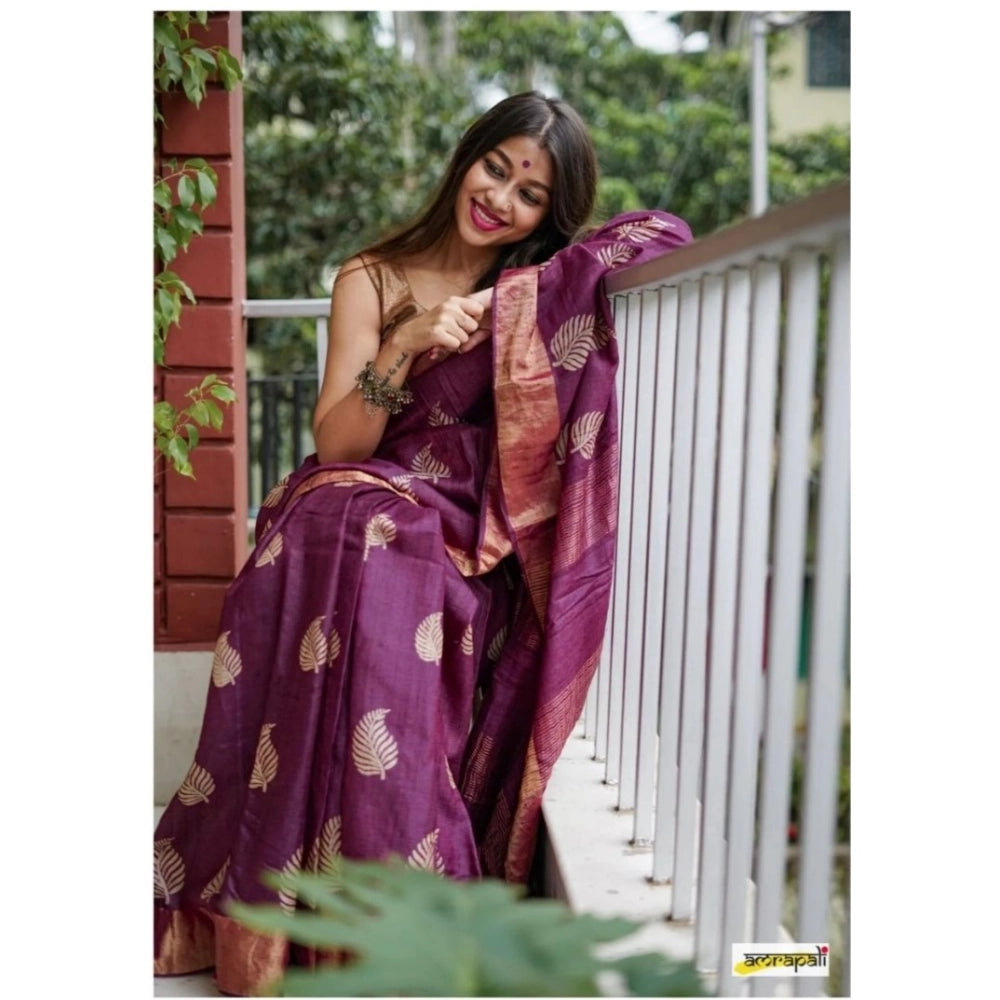 Purple silk printed saree with unstitched blouse, vibrant design for traditional Indian wear
