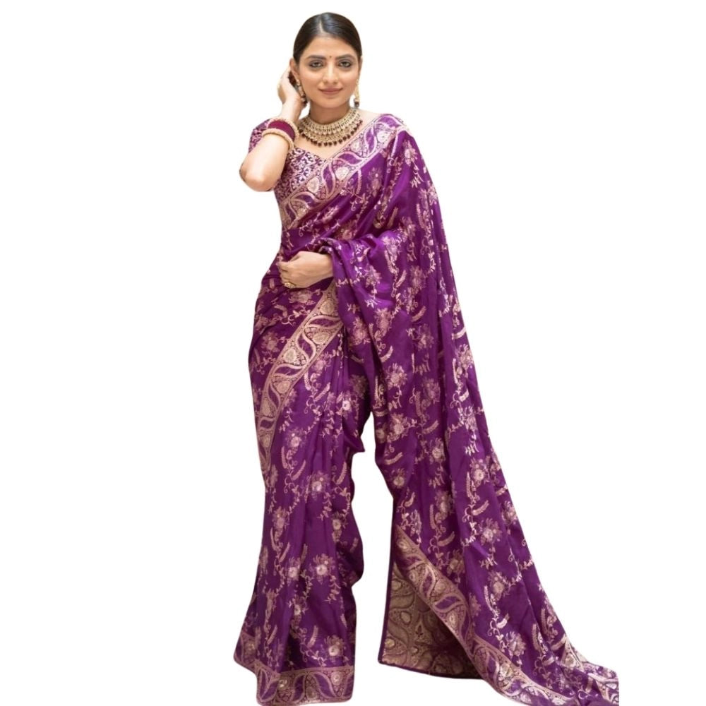 Purple silk printed saree with unstitched blouse, 5.5mtr length for women's traditional Indian wear