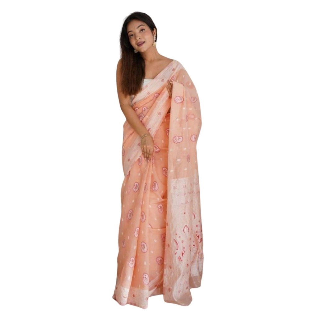 Peach cotton printed saree with unstitched blouse (5.5mtr), vibrant pattern for traditional Indian women's wear