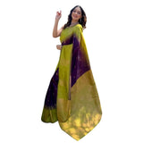 Women's wine silk printed saree with unstitched blouse (5.5Mtr) - elegant silk saree on model