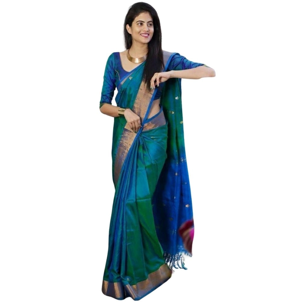 Blue silk printed saree with unstitched blouse, 5.5Mtr length for women's traditional Indian wear