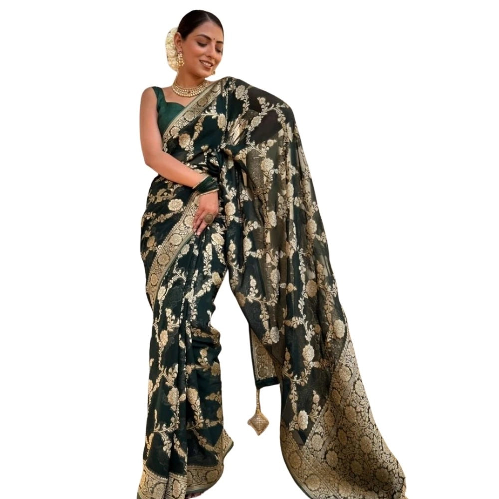 Dark green silk printed saree with unstitched blouse (5.5mtr), elegant Indian women's wear on mannequin