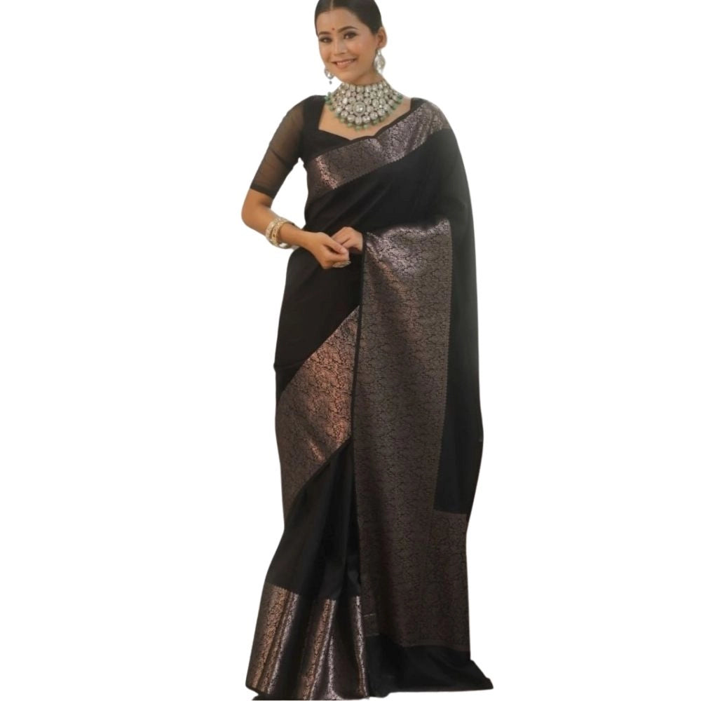 Black silk printed saree with unstitched blouse (5.5mtr) on mannequin for Indian women's traditional wear