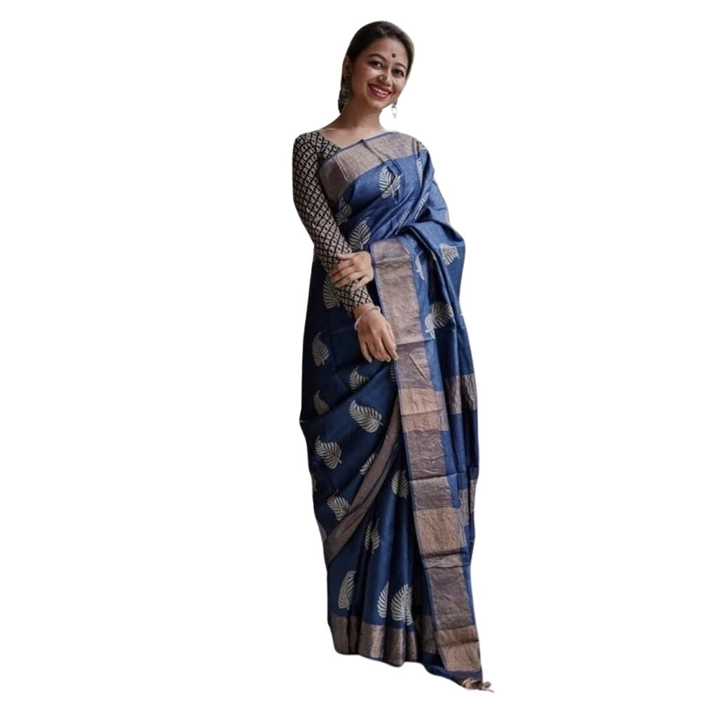 Navy blue silk printed saree with unstitched blouse (5.5Mtr), elegant Indian attire for women