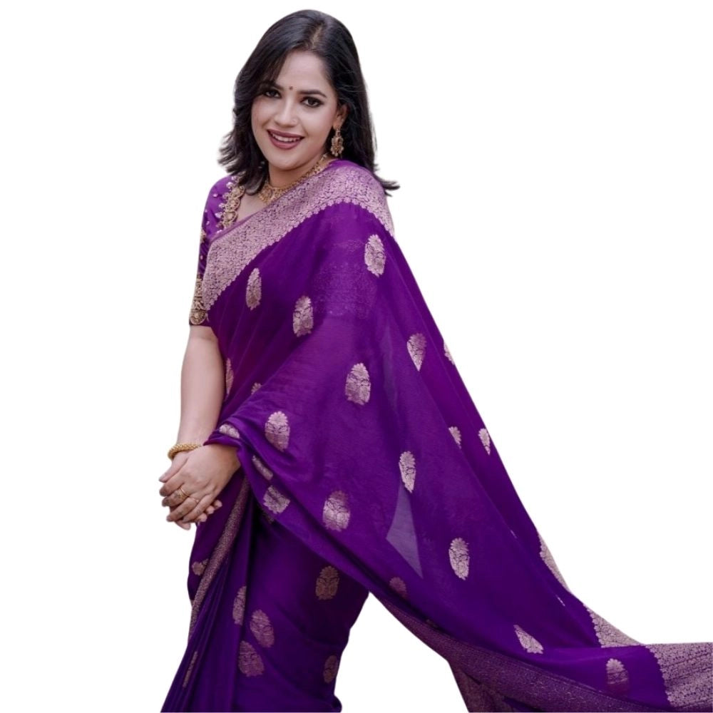 Purple silk printed saree with unstitched blouse (5.5mtr), vibrant Indian women's traditional wear