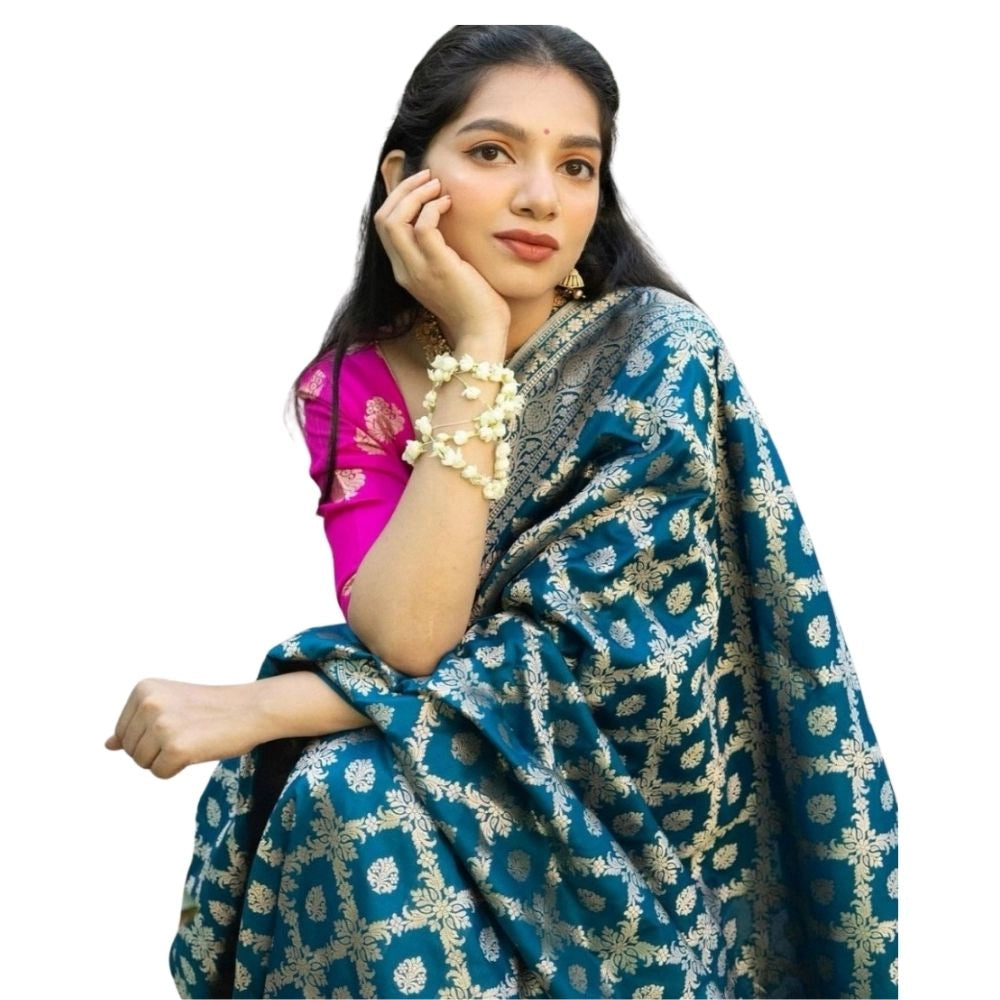 Sky blue silk printed saree with unstitched blouse (5.5Mtr) - vibrant, luxurious silk saree for women's traditional wear