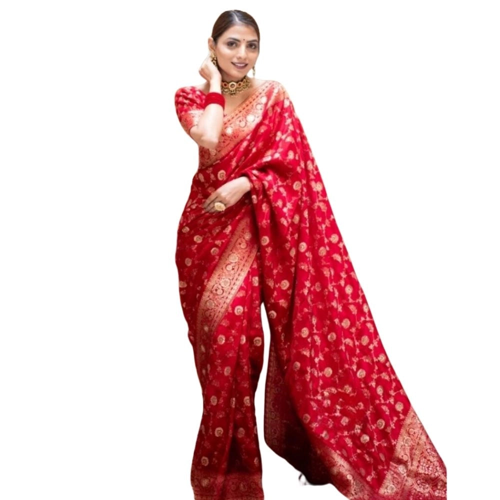 Red silk printed saree with unstitched blouse (5.5mtr) - vibrant Indian traditional wear for women