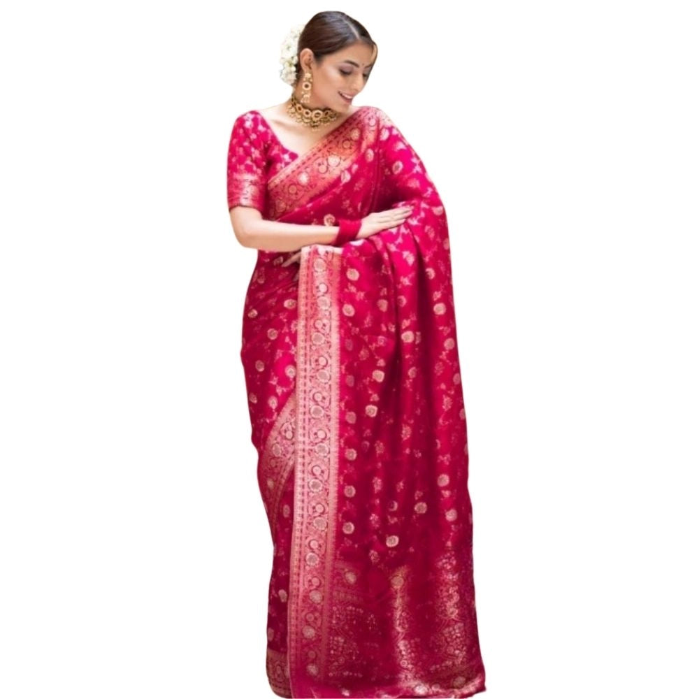 Rani Pink silk printed saree with unstitched blouse (5.5mtr), intricate floral pattern on luxurious silk fabric